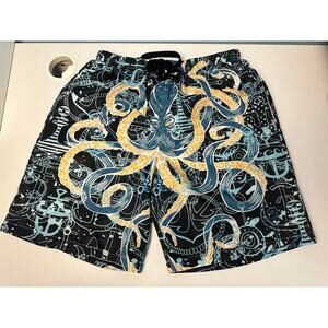 Men's Novelty Beach Shorts featuring a 3D printed octopus/anchor blue and gold M